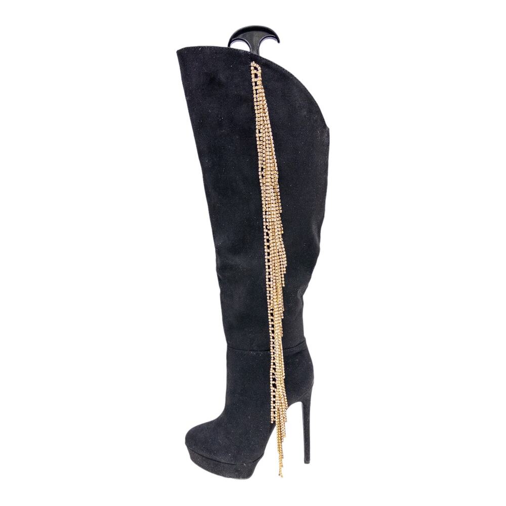 ShoeDazzle Cha-Ching Black Gold Rhinestone Chain Fringe Knee Boots Women 6.5